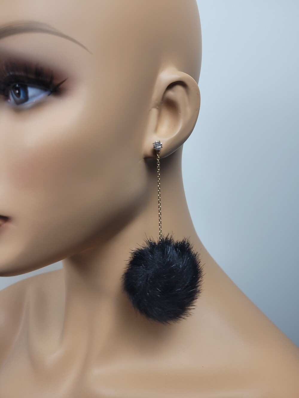 Brand New Gold Tone Black Fuzzy Ball Rhinestone Dangle Earrings